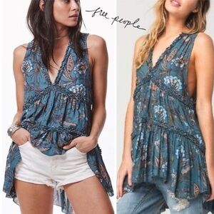 FREE PEOPLE BLUE FLORAL TIERED RUFFLE TUNIC TOP
